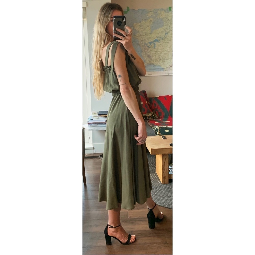 Handmade Custom Rust Clay Olive Green and Red Midi Tie Strap Rayon Ruffle Dress - Picture 12 of 16